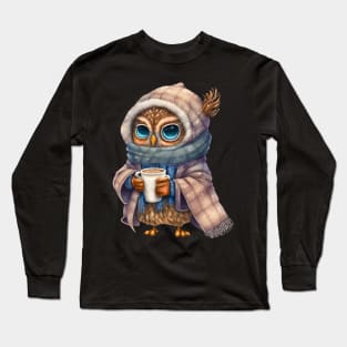 Chibi Owl Drinking Hot Chocolate cute christmas snow design series 3 Long Sleeve T-Shirt